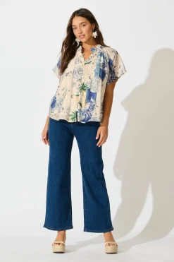 New Lombard Top in Beige with Blue Multi Floral Tops|Casual