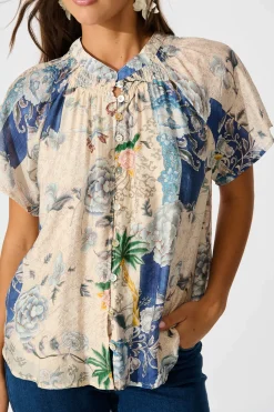 New Lombard Top in Beige with Blue Multi Floral Tops|Casual