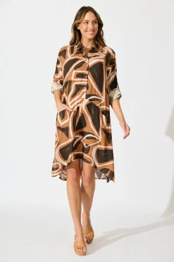 Best London Midi Smock Dress in Neutral Geometric Print Dresses|Casual