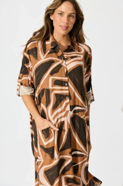 Best London Midi Smock Dress in Neutral Geometric Print Dresses|Casual