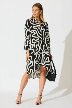 Clearance London Midi Smock Dress in Black and White Geometric Print Dresses|Casual