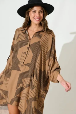 Discount London Midi Smock Dress In Brown Print Dresses|Casual