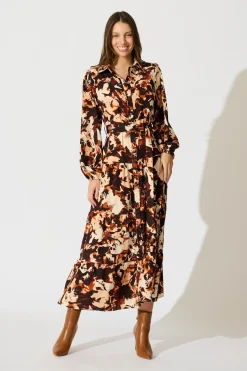 Sale Loop Me Maxi Shirt Dress in Multi Brown Print Satin Dresses|Casual