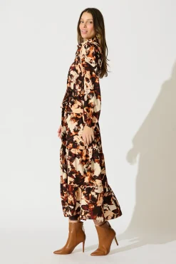 Sale Loop Me Maxi Shirt Dress in Multi Brown Print Satin Dresses|Casual
