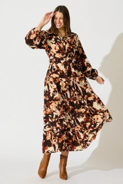 Sale Loop Me Maxi Shirt Dress in Multi Brown Print Satin Dresses|Casual