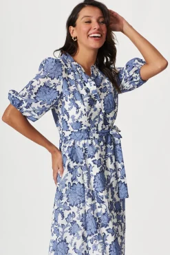 Clearance Loriet Maxi Shirt Dress In Blue With White Floral Cotton Blend Dresses|Casual