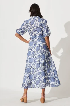 Clearance Loriet Maxi Shirt Dress In Blue With White Floral Cotton Blend Dresses|Casual