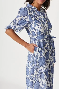 Clearance Loriet Maxi Shirt Dress In Blue With White Floral Cotton Blend Dresses|Casual