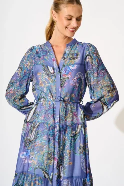 Hot Lottie Midi Dress in Blue Multi Print Dresses|Casual