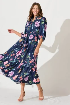 Hot Love Song Maxi Dress In Navy With Multi Floral Print Dresses|Casual