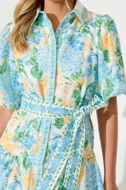 Sale Lovelife Maxi Shirt Dress In Blue Yellow Floral Linen Blend Dresses|Party
