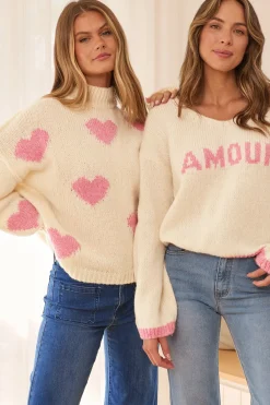 Online Lovey Intarsia Knit in Cream with Pink Heart Knitwear|Knitwear
