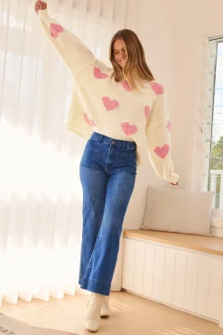 Online Lovey Intarsia Knit in Cream with Pink Heart Knitwear|Knitwear