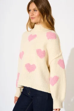 Online Lovey Intarsia Knit in Cream with Pink Heart Knitwear|Knitwear