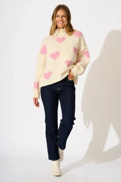 Online Lovey Intarsia Knit in Cream with Pink Heart Knitwear|Knitwear