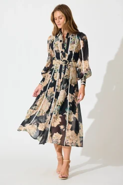 Clearance Lovingly Maxi Shirt Dress in Black Floral with Contrast Trim Dresses|Party