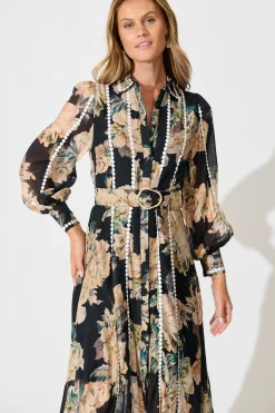 Clearance Lovingly Maxi Shirt Dress in Black Floral with Contrast Trim Dresses|Party