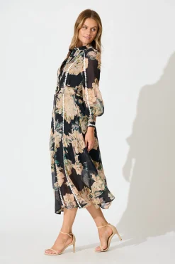 Clearance Lovingly Maxi Shirt Dress in Black Floral with Contrast Trim Dresses|Party