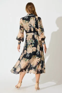 Clearance Lovingly Maxi Shirt Dress in Black Floral with Contrast Trim Dresses|Party