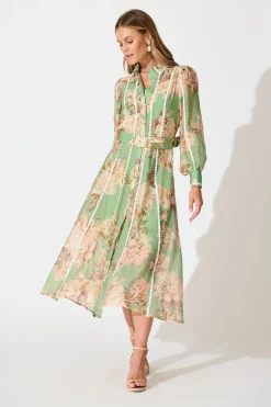 Sale Lovingly Maxi Shirt Dress in Green Floral with Contrast Trim Dresses|Party