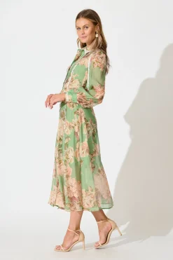 Sale Lovingly Maxi Shirt Dress in Green Floral with Contrast Trim Dresses|Party