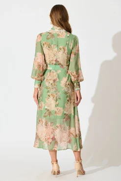 Sale Lovingly Maxi Shirt Dress in Green Floral with Contrast Trim Dresses|Party