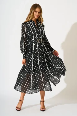 Clearance Lovingly Maxi Shirt Dress in Black with White Polka Dot Dresses|Party