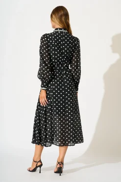 Clearance Lovingly Maxi Shirt Dress in Black with White Polka Dot Dresses|Party