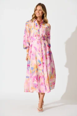 Hot Lovingly Maxi Shirt Dress in Pink with Purple Watercolour Dresses|Party