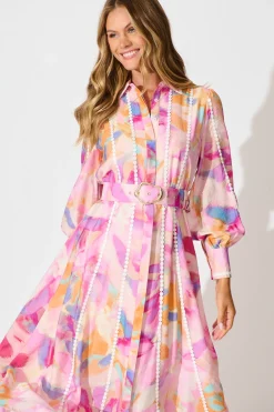 Hot Lovingly Maxi Shirt Dress in Pink with Purple Watercolour Dresses|Party