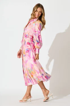 Hot Lovingly Maxi Shirt Dress in Pink with Purple Watercolour Dresses|Party
