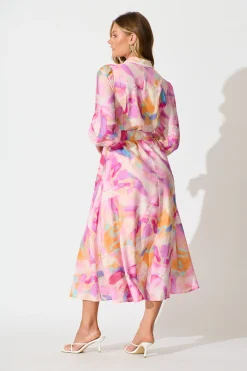 Hot Lovingly Maxi Shirt Dress in Pink with Purple Watercolour Dresses|Party