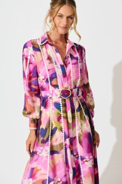 Hot Lovingly Maxi Shirt Dress in Plum Multi Watercolour Dresses|Party