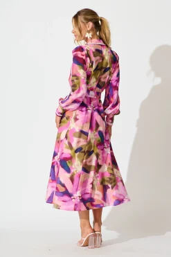 Hot Lovingly Maxi Shirt Dress in Plum Multi Watercolour Dresses|Party