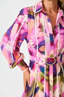 Hot Lovingly Maxi Shirt Dress in Plum Multi Watercolour Dresses|Party