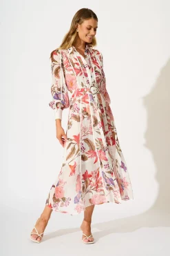 Best Lovingly Maxi Shirt Dress in White with Multi Floral Dresses|Party