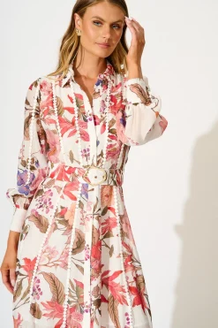Best Lovingly Maxi Shirt Dress in White with Multi Floral Dresses|Party