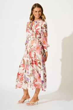 Best Lovingly Maxi Shirt Dress in White with Multi Floral Dresses|Party