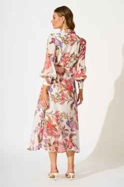 Best Lovingly Maxi Shirt Dress in White with Multi Floral Dresses|Party