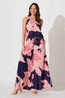 Hot Lucia Pant In Navy With Blush Flower Bottoms|Pants