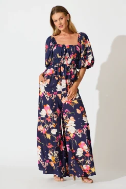 Clearance Lucia Pant In Navy with Multi Floral Bottoms|Pants