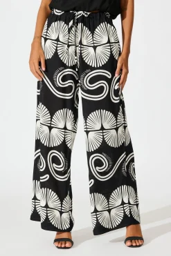 Discount Lucinda Pant in Black with White Swirl Print Linen Blend Bottoms|Pants