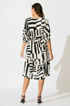 Discount Luminous Midi Dress in Black with White Geometric Print Dresses|Casual