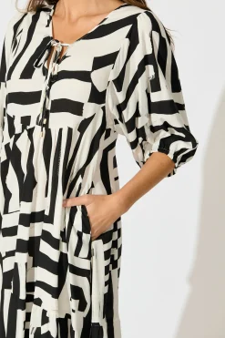 Discount Luminous Midi Dress in Black with White Geometric Print Dresses|Casual