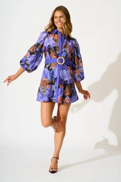 Clearance Lunar Bloom Shirt Dress in Blue with Multi Linen Blend Dresses|Party