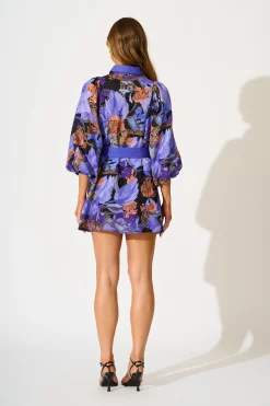 Clearance Lunar Bloom Shirt Dress in Blue with Multi Linen Blend Dresses|Party