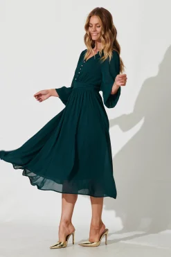 New Lustre Midi Dress In Emerald Chiffon Dresses|Party