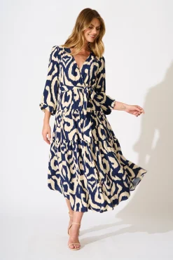 Hot Lydia Midi Dress in Navy Cream Swirl Print Dresses|Casual