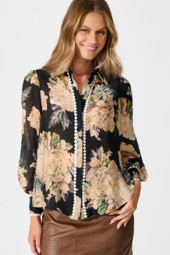 Fashion Lynelle Shirt in Black Floral with White Contrast Trim Tops