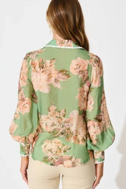 Sale Lynelle Shirt in Green Floral with White Contrast Trim Tops